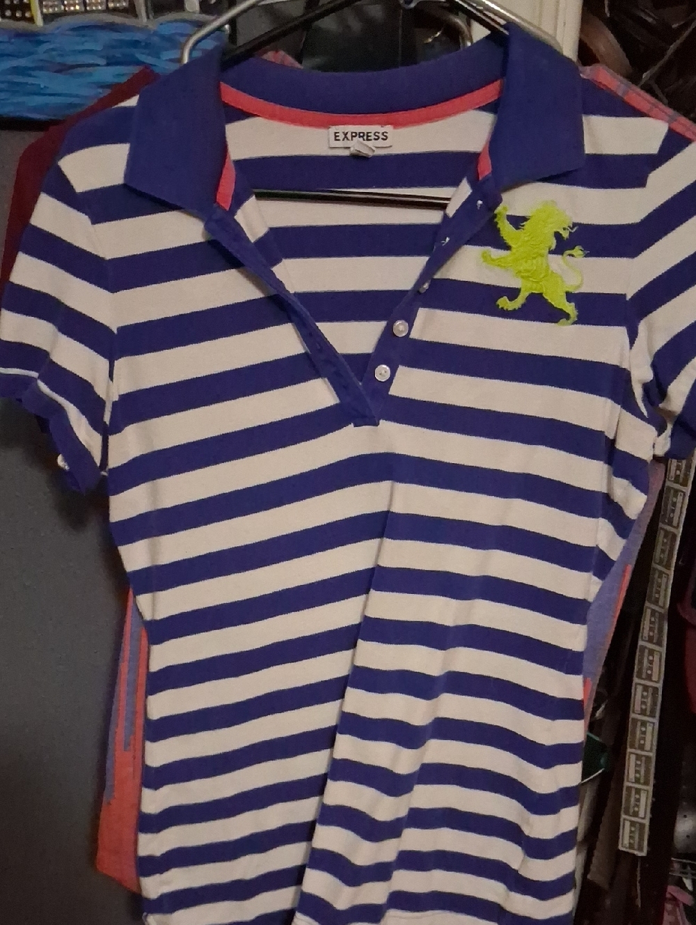 Express  Blue & White Striped Polo with Neon Lime Crest